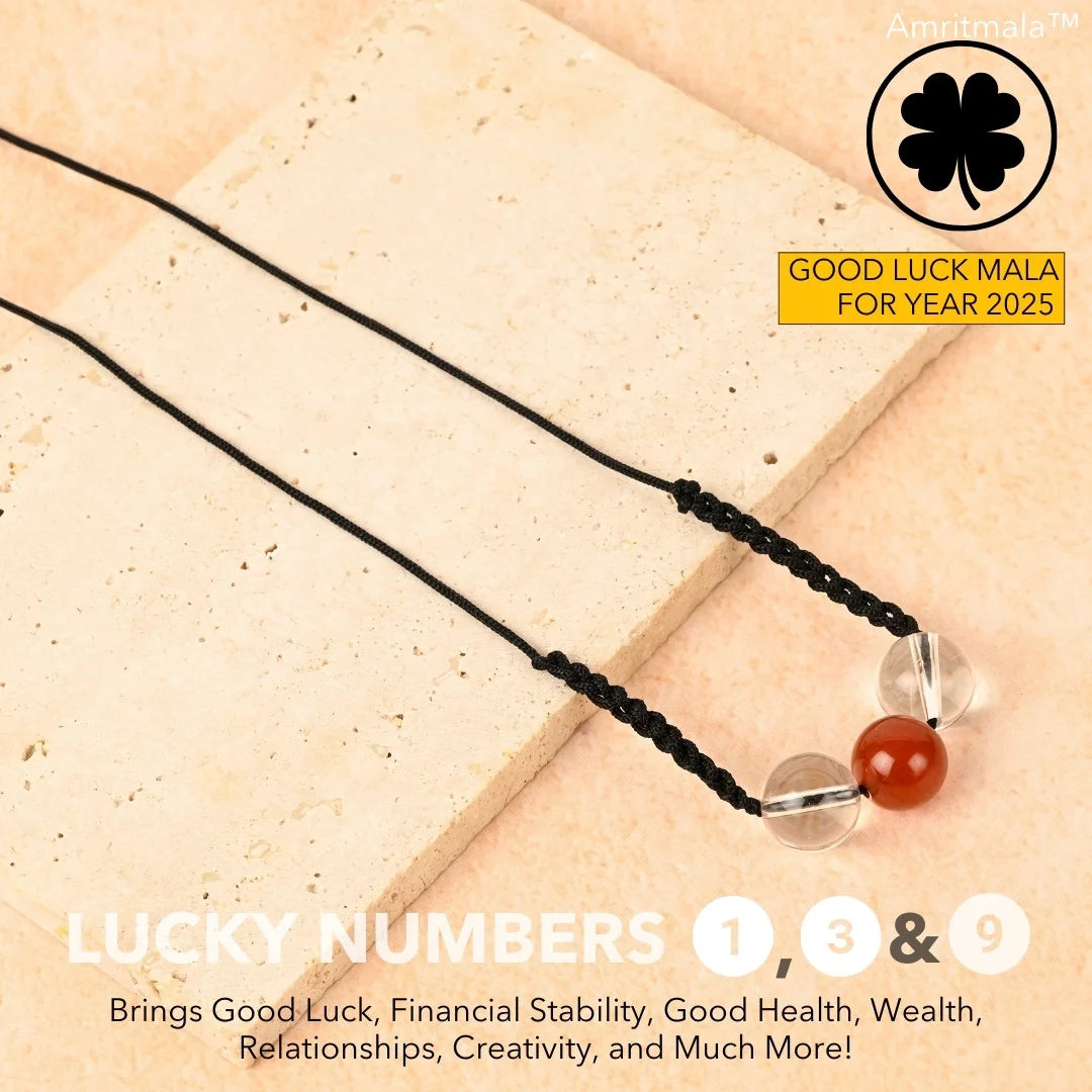 CARNELIAN WITH CLEAR QUARTZ : AMRITMALA'S YEAR 2025 LUCKY MALA (FOR NUMBER 1, 3 & 9)